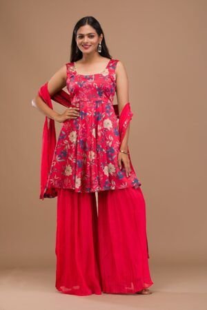 Red Printed Semi Crepe Readymade Sharara Suit